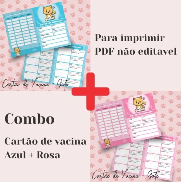 Cartão de Vacina para Gato rosa e azul