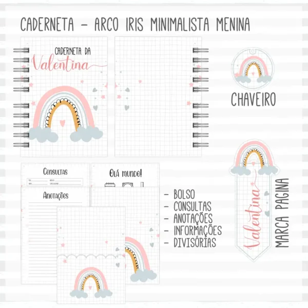 Caderneta de Vacina + Livro do Bebê - Arco Íris Minimalista Menina - Arquivo Digital