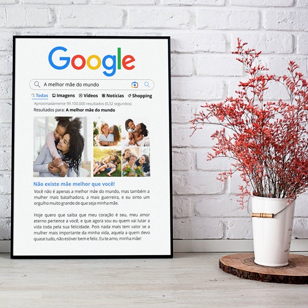 Quadro Google Dia das Mães - Arquivo Digital Surpreenda sua mãe neste Dia das Mães com o presente mais criativo e emocionante: o Quadro Google para o Dia das Mães! Personalizado com cinco fotos de sua escolha e um texto emocionante para expressar todo o amor e gratidão que sente por ela.